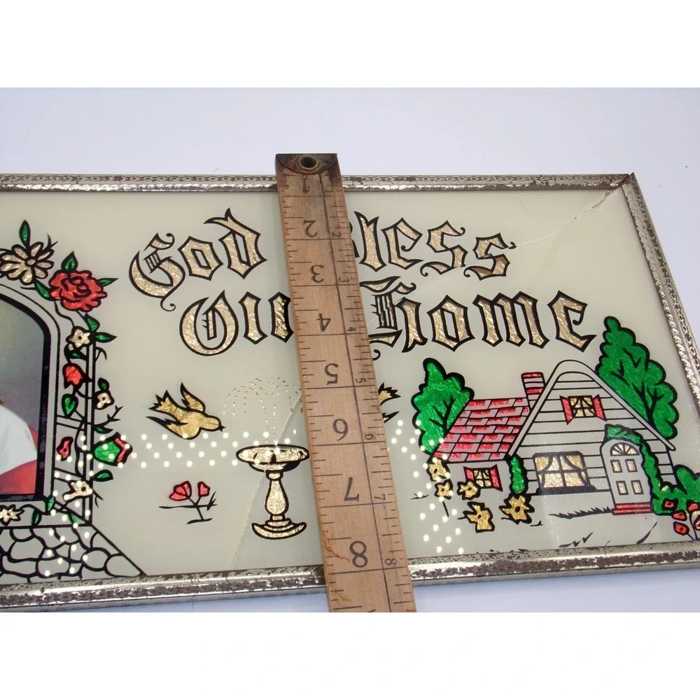 Vtg GOD BLESS OUR HOME Foil Mirror Glass Plaque Scalloped Wall Art 16x8